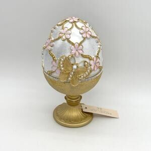 Rachel Zoe Easter Egg With Butterfly & Pink Flowers On Gold Pedestal NEW